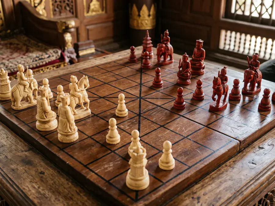 An 8×8 Sittuyin board with the staggered pawn line already in place and the remaining pieces waiting to be deployed