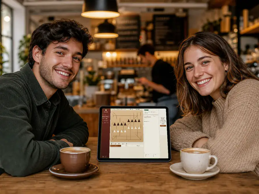 Two people playing Sittuyin face to face on one shared tablet