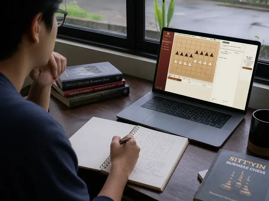 An 8×8 Sittuyin position set up for a shared-device game